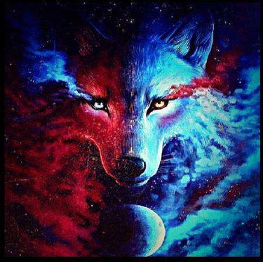 Diamond Painting Blauw met rode wolf met Ronde steentjes 100x100 - Beste Kwaliteit